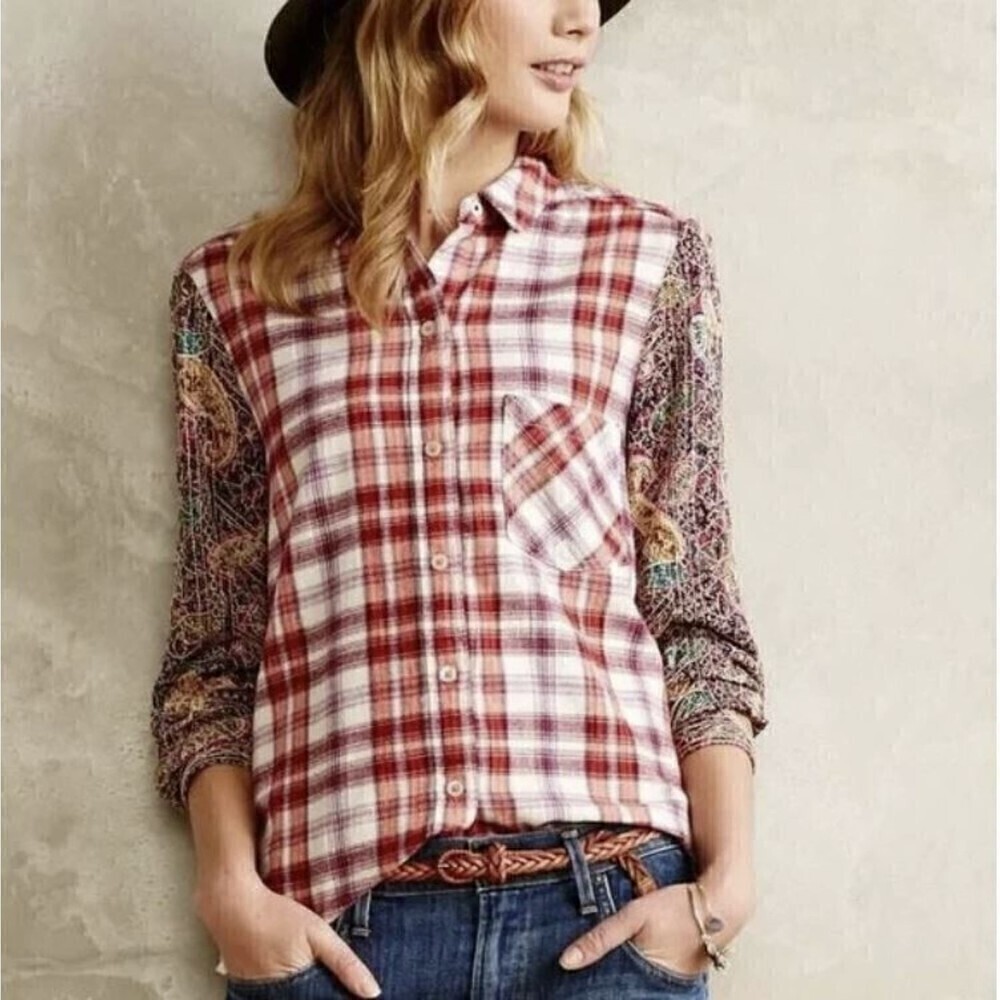 NEW Anthropologie Holding Horses Red Plaid Button Up Shacket Cotton Shirt Sz XS